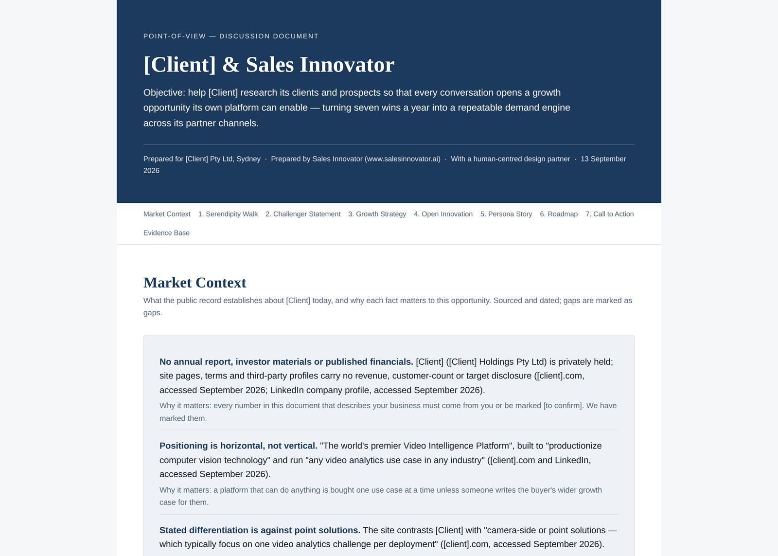 A point-of-view document produced by Sales Innovator Intelligence, with the client's name and partners redacted.